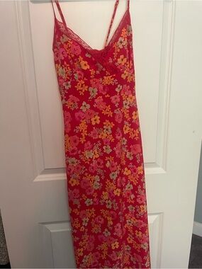 Express Red Floral Slip Dress with Yellow and Pink Accents